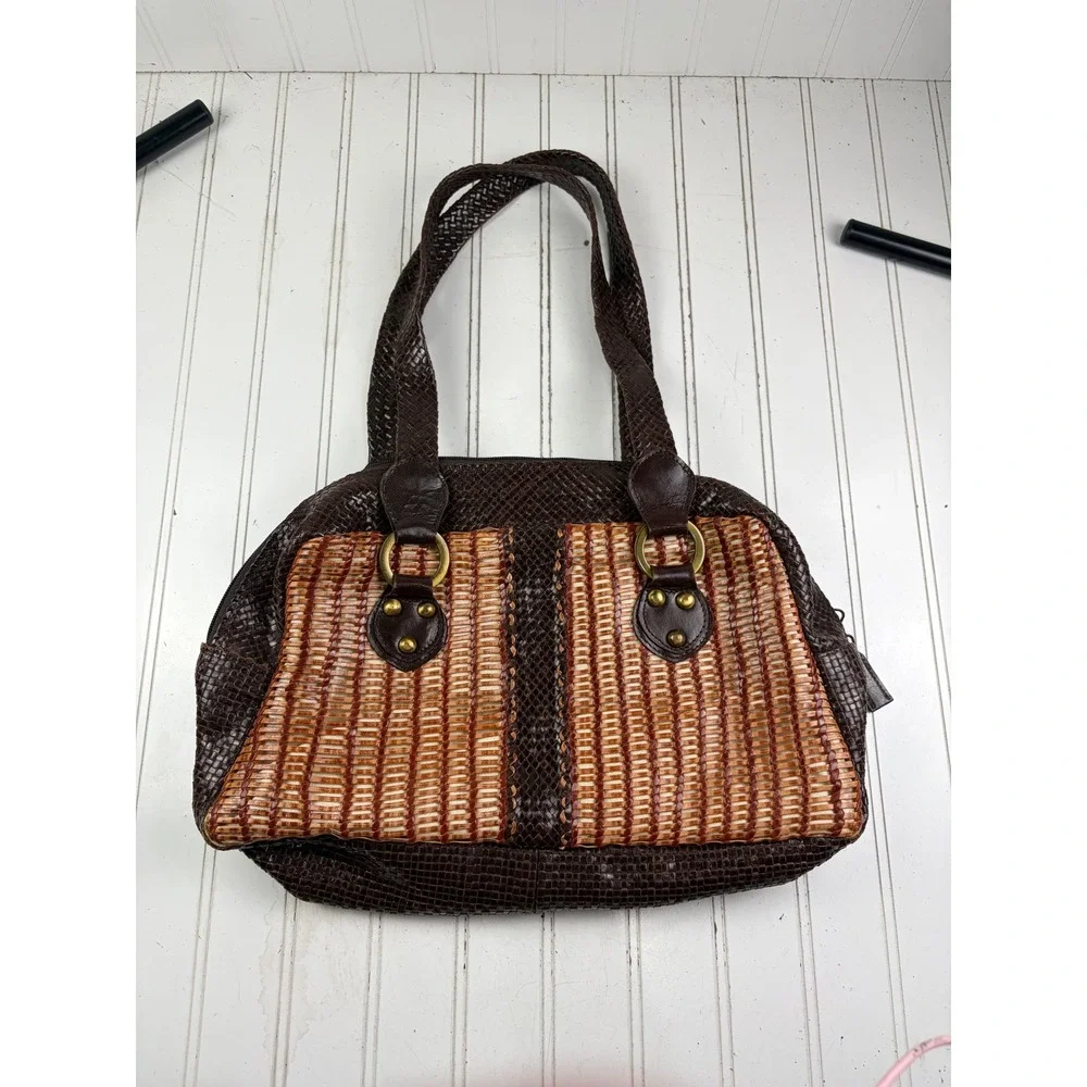 Vintage Y2K Boho Brown Woven Studded Western Hobo Rustic Shoulder Bag Purse